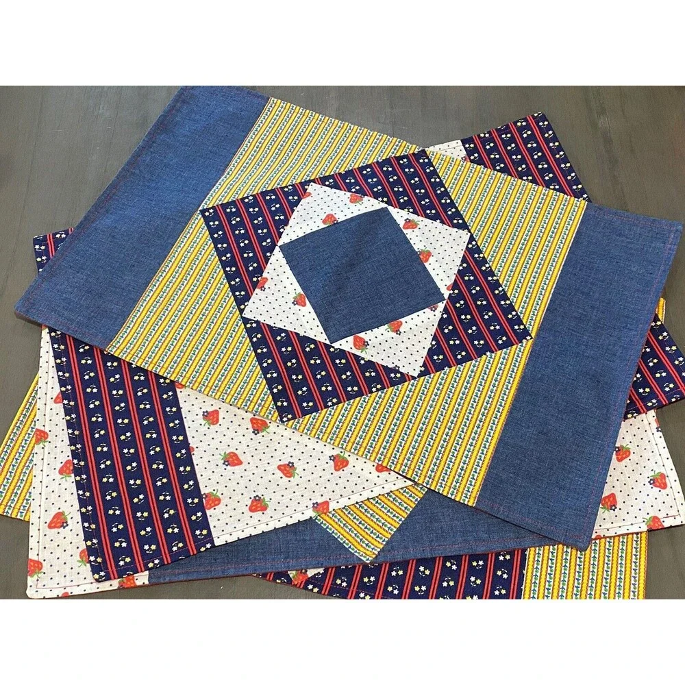 Set of 4 Quilted Placemats Denim Cotton Strawberries Floral Squares Cottage core